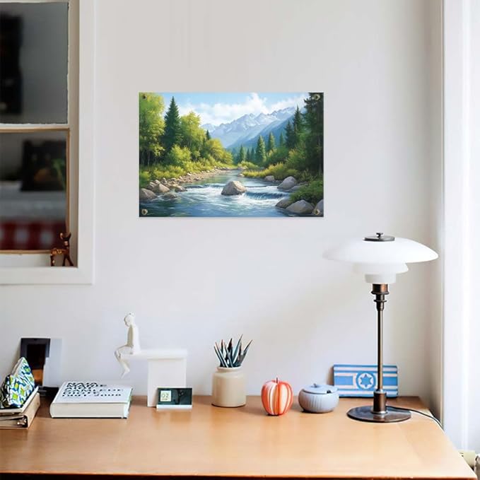 Yesad Serene Nature Wall Art, Landscape Canvas Wall Art Forest Pictures Prints Mountain Painting Scenery Poster Wall Décor for Farmhouse Living Room Bedroom (Unframed,12”x8”, Stream)