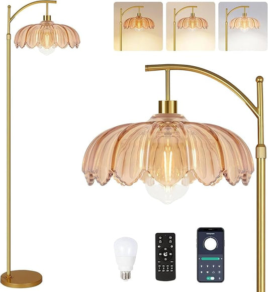 Gold Floor Lamp for Living Room,Bedroom,Mid Century Modern Standing Lamp with Remote,Dimmable Brass Tall Lamp Amber Glass Vintage Retro Arc Floor Lamps Flower Floor Light Boho Bohemian