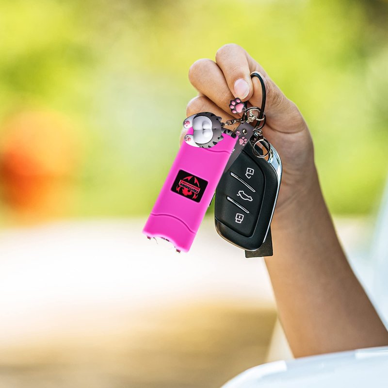 FIGHTSENSE Super Heavy Duty Keychain Stun Gun with Flashlight for Men and Women self Defense Device, Rechargeable Stun Gun, Nylon Holsters (Pink)
