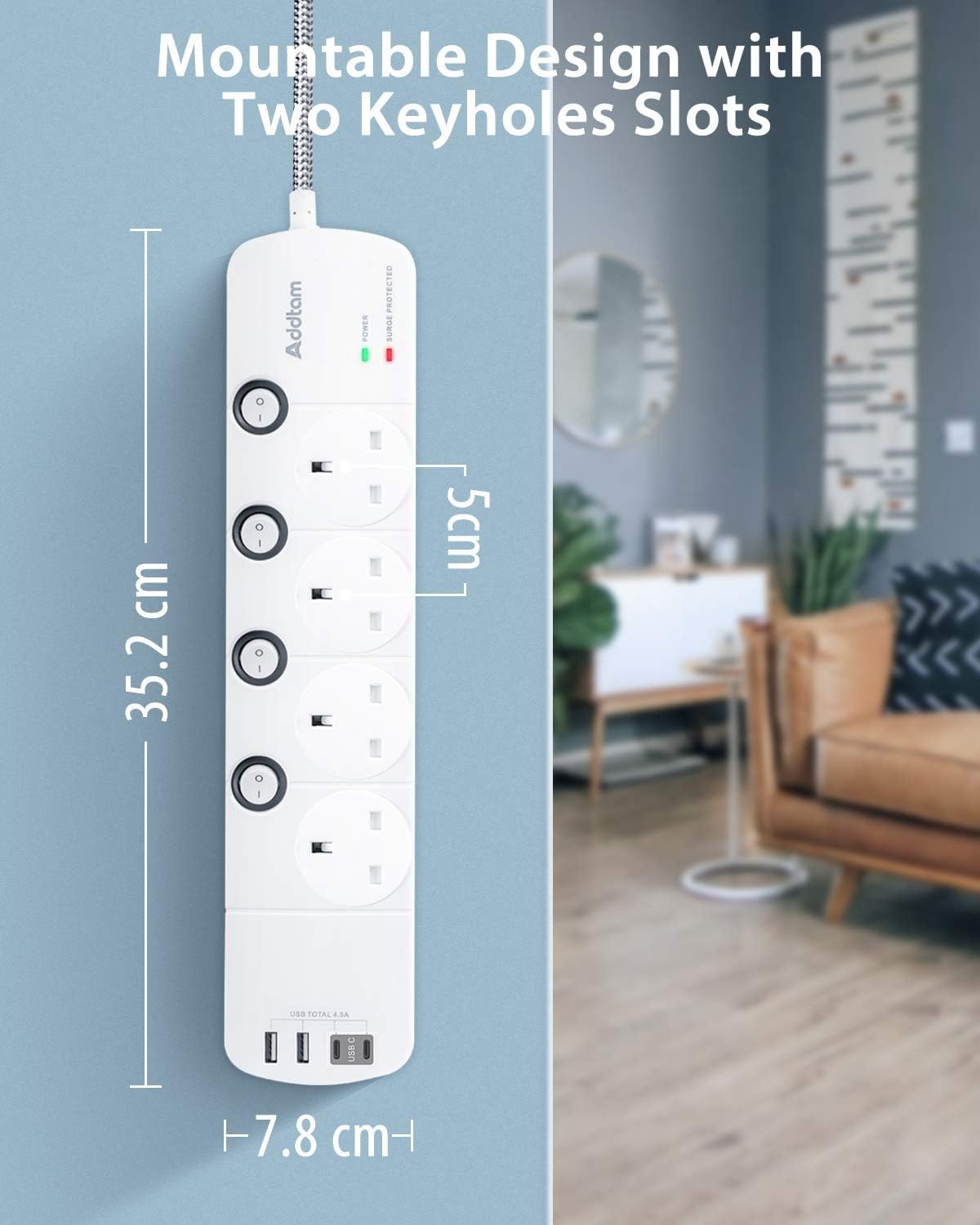 1.8M Extension Lead, 4 Way Socket Outlets Power Strips with 4 USB (2 Type C & 2 USB A), 1050J Surge Protection Multi Plug Extension with Braided Extension Cable for Home, Office, Individually Switched