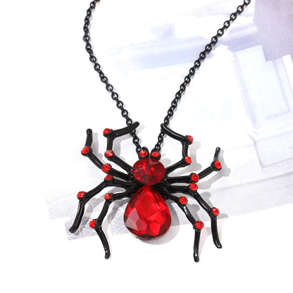 Halloween Spider Necklace Big Black Red Crystal Spider Pendant Halloween Party Costume Accessories Necklace Statement Long Necklaces (Red)