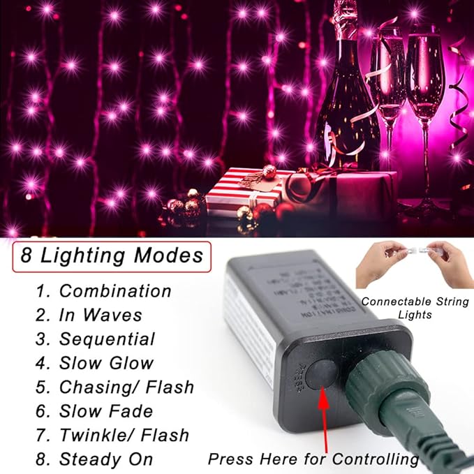 66 ft 200 LED Pink String Lights, Pink Christmas Lights Plug in, Indoor Outdoor Connectable 8 Modes Clear Wire Twinkle Fairy String Lights for Halloween Valentine's Day Wedding Bedroom Party