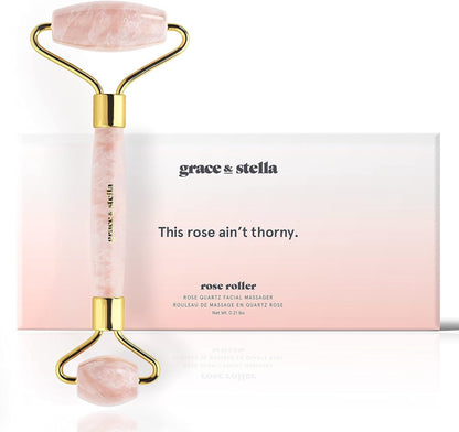 Rose Quartz Face Roller - Face Roller Skin Care - Facial Roller - Stone Roller For Face - Face Massager Roller For Lymphatic Drainage, Puffiness - Quartz Roller For Face by grace and stella