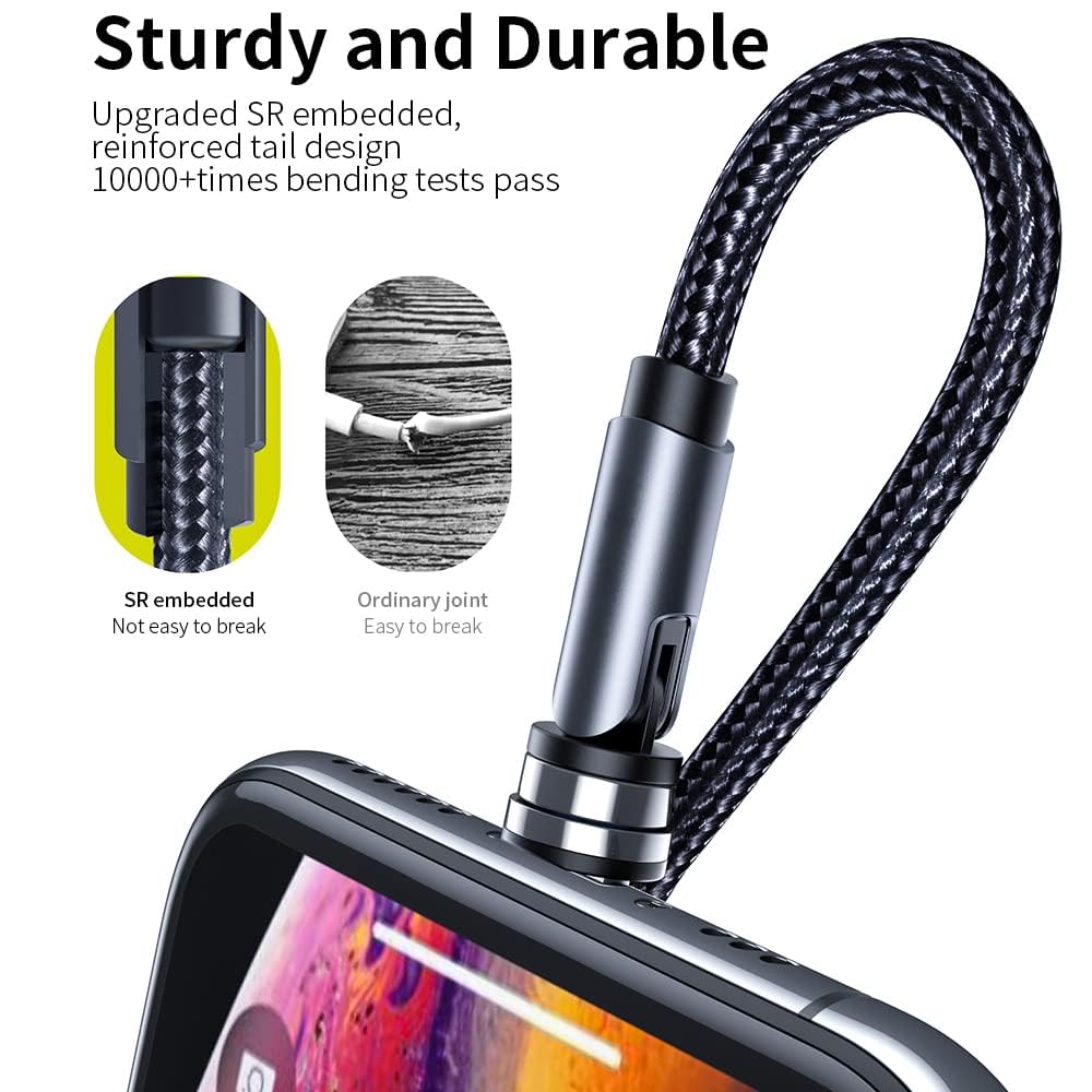 Bojianxin 540° Rotation 3 in 1 Magnetic Charging Cable (7-Pack, 1.6ft/3.3ft/6.6ft/6.6ft/10ft/10ft, Magnet Phone Charger Compatible with Micro USB, Type C Device, black, (NEW-7PACK)