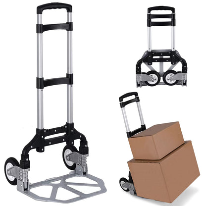 Folding Hand Truck Portable Foldable Dolly Cart Aluminum Luggage Cart Trolley Cart Black MAX Load 180 lbs, with Black Bungee Cord, Telescoping Handle,Solid Aluminium Wheel suspensions, Double Bearings