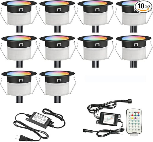 FVTLED Low Voltage Recessed RGBW Deck Light, 10pcs Φ1.22 RGB & Warm White Stainless Steel Waterproof Outdoor Step Lighting In-ground Landscape Pathway Patio Stair Decor Lamp, Black