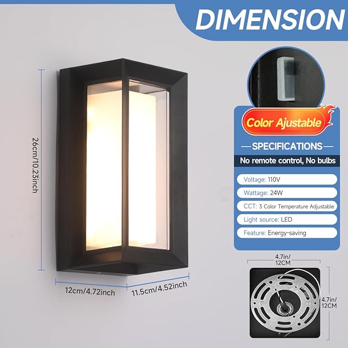 Outdoor Porch Light,15%-100% Dimmable Indoor Wall Light Fixtures,3000K/4000K/6500K Adjustable,24W Exterior Wall Lighting,Waterproof Outdoor Modern Wall Sconce Lights,2160LM Indoor Wall Sconce 2 Pack