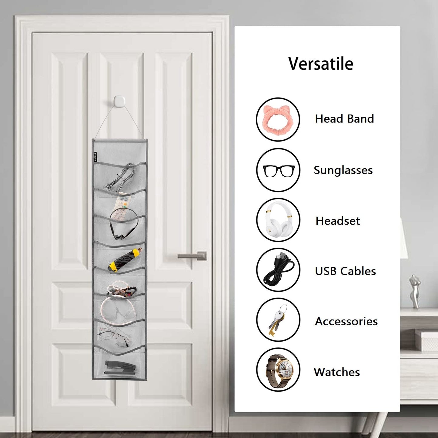 ANZORG Wall Hanging Headband Organizer Ribbon Hair Hoops Storage Hairbands Hair Accessory Holder with Clear Pockets (GREY-8 POCKETS-2 Pack)