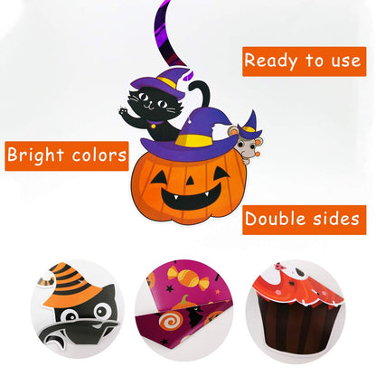 2025 Halloween Banner Party Decoration（Pre-Assembled） Cute Halloween Garland Bunting Banner Triangle Flag with Foil Swirl Ceiling Hanging Cards, Pumpkin Ghost Witches Bat Spider Skull Sticker