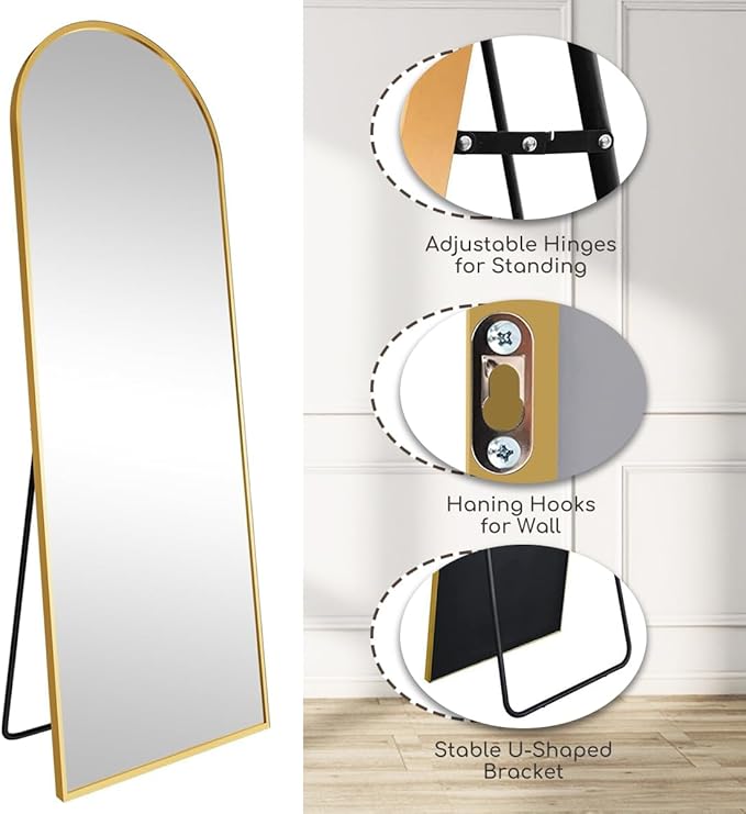 Arched Full Length Mirror, 64"x21" Free Standing Floor Mirror, Modern Full Body Mirrors with Stand, Wall Mirrors with Aluminum Alloy Frame for Bedroom,Living Room, Gold