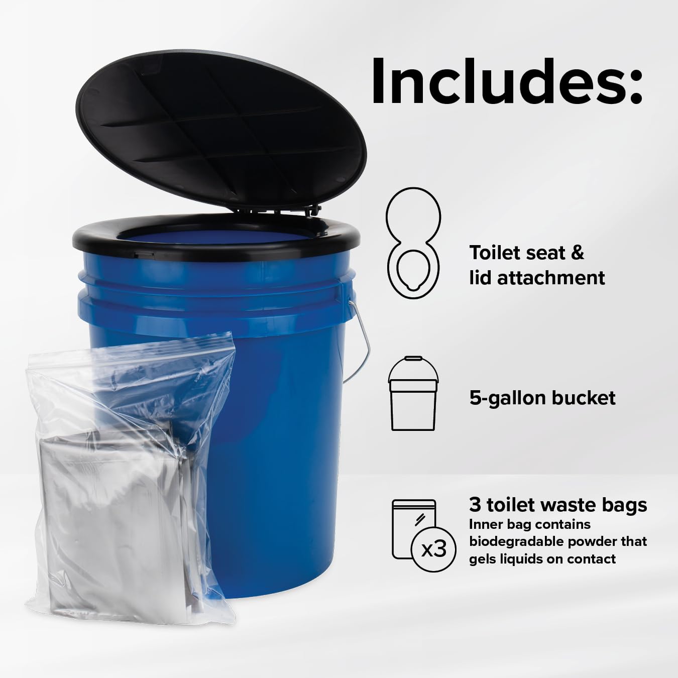 Camco Portable Toilet Bucket - Features 3 Bag Liners for Easy Clean Up & Attached Carry Handle - Includes Seat and Lid Attachment (41549)
