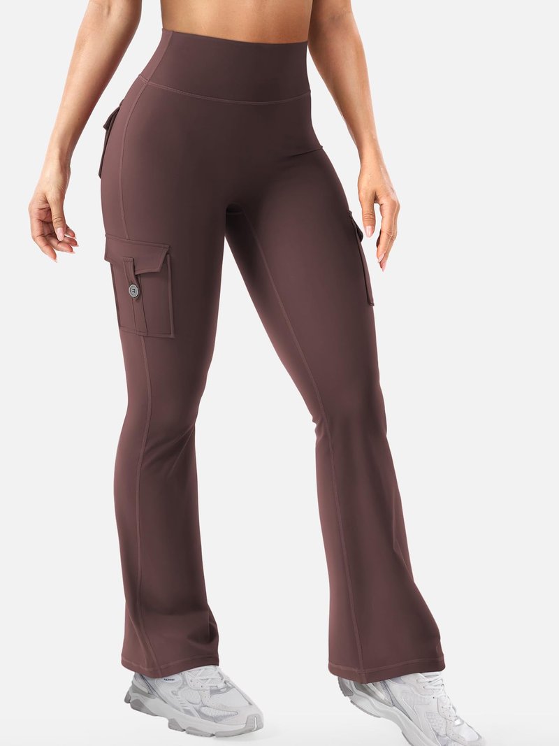 YEOREO CoreFlex Women Workout Flare Leggings with Pockets Scrunch Cargo Gym Yoga Leggings Brown XXL