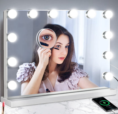 M MIVONDA Hollywood Vanity Mirror with Dimmable 15LED Bulbs Lights 3 Lighting Modes 2in1 Large Lighted Makeup Mirror for Desk and Wall with Plug-in and USB Charger Port