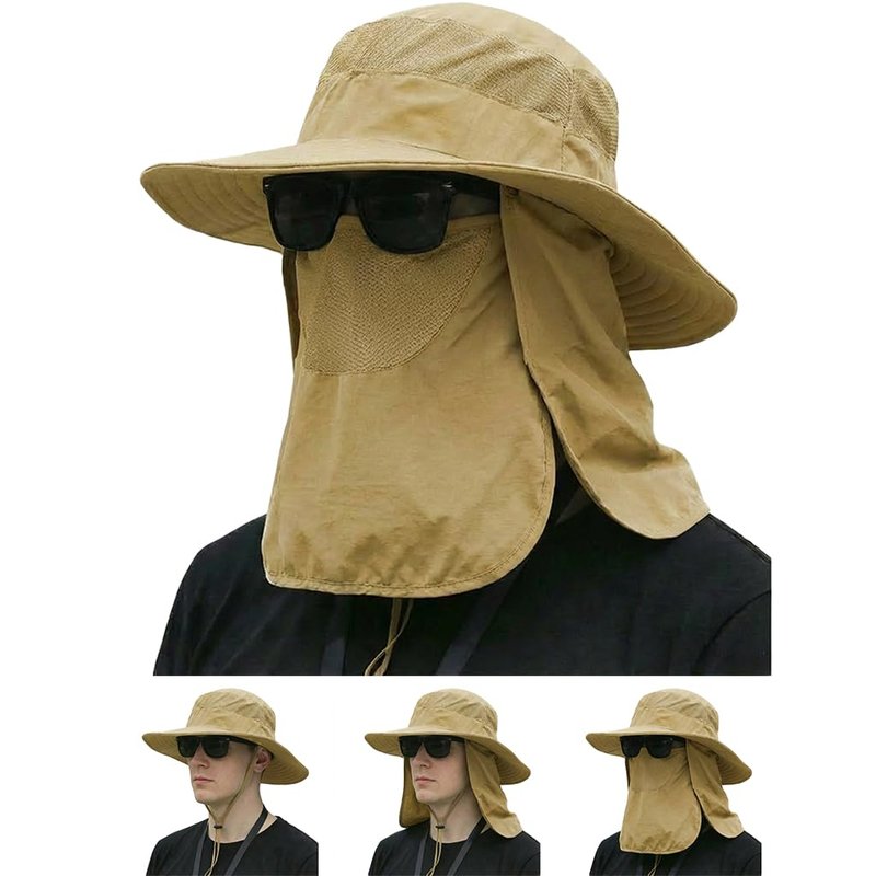 Sun Hat Bucket Hats for Men Women,Outdoor Wide Brim Fishing Hat with Detachable Face Cover & Neck Flap UV Protection Khaki