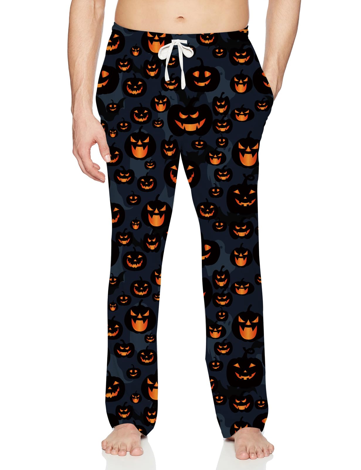 Mens Halloween Pjs Pants Men's Smile Pumpkin Pajama Bottoms Man Elastic Waist Cozy Sleeping Wear Outfits Male Black Orange Lounging with Drawstring for Holiday