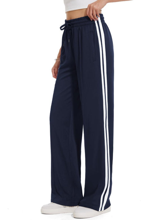 Tapata Extra Tall Woman 36" Inseam Stripes Sweat Pant High Waisted Drawstring Gym Exercise Lounge Joggers, Navy Blue, XL
