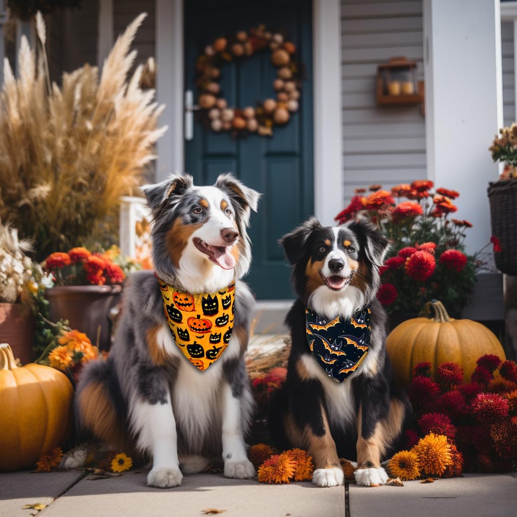 Raisingwell Halloween Dog Bandanas - 2 Pack Bat & Pumpkin Pattern Dog Bibs - Reversible, Washable & Durable - Suitable for Small to X-Large Breeds - Unisex