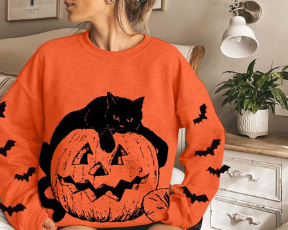 UNIQUEONE Black Cat on Pumpkin Sweatshirt Women Halloween Sweatshirts Pumpkin Face Tee Lightweight Pullover Tops