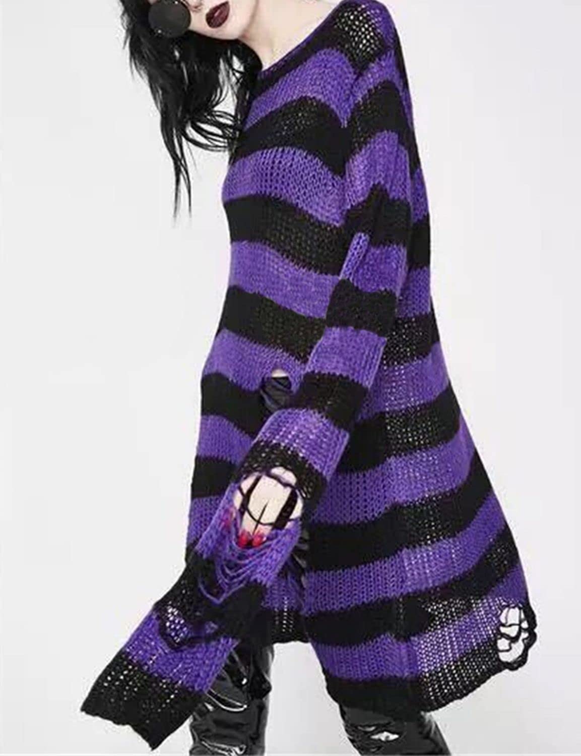 Vinsekep Women's Punk Gothic Sweater See Through Hole Ripped Striped Long Knit Pullover Dress Sweaters Shirt Black Purple Oversize OneSize