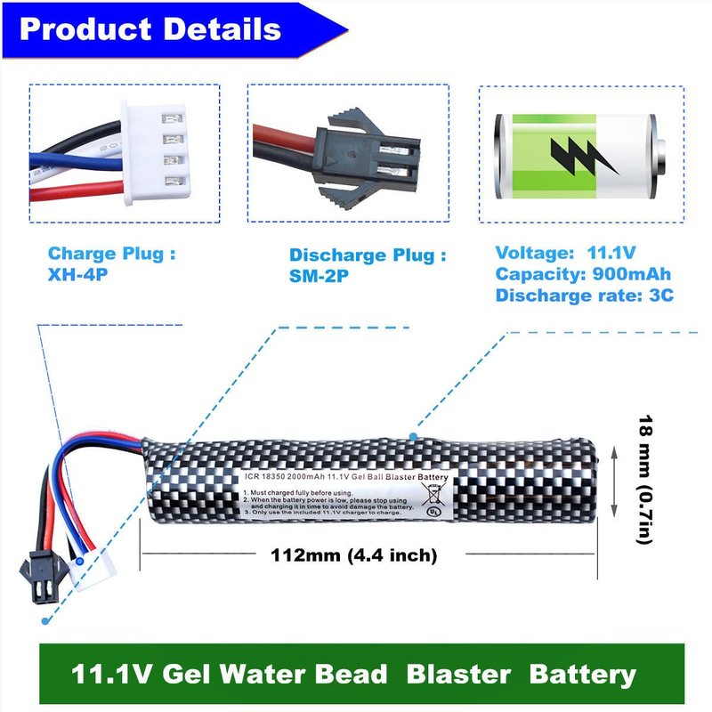 PTIJPOW Airsoft Gel Blaster Battery-11.1V 2000mAh Gel Blaster Battery with USB Charger,Rechargeable Water Bead Splatter Ball Batteries with Mini Tamiya to SM2P Charger Cable (2Pack)