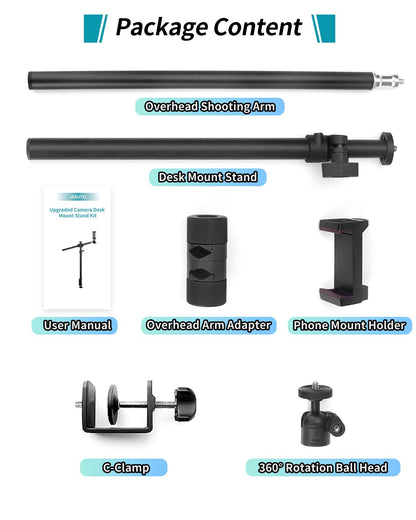 Overhead Camera Mount Desk Stand, Camera Arm Desk Mount Clamp Stand with 360°Adjustable Magic Arm, Webcam Arm Mount Stand w Ballhead Phone Mount for Desk Logitech Microphone Video Light Cell Phone