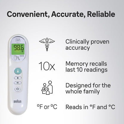 Braun No Touch 3-in-1 Thermometer for Adults, Kids & Babies, Measures Forehead, Liquid and Food Temps, Professional Accuracy & Color Coded Fever Guidance