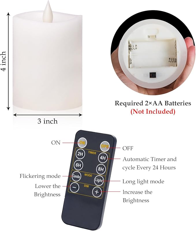 Flameless Candles with Flickering Flame & Remote Timer - 3×4'' Battery Operated LED Pillar Candles,Realistic Fake Candles for seasonl/Christmas/Wedding Decor (White, 1-Pack)