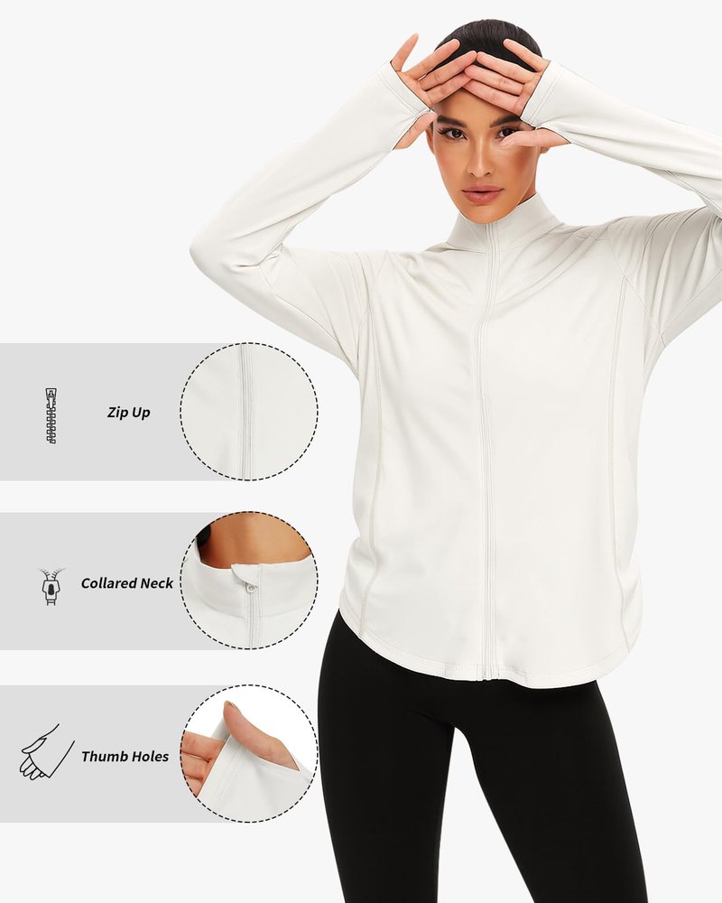 Vldnery Women's UPF 50+ Sun Protection Lightweight Jacket Zip Up Long Sleeve Sun Shirt for Women with Thumb Hole Hiking (White Large)