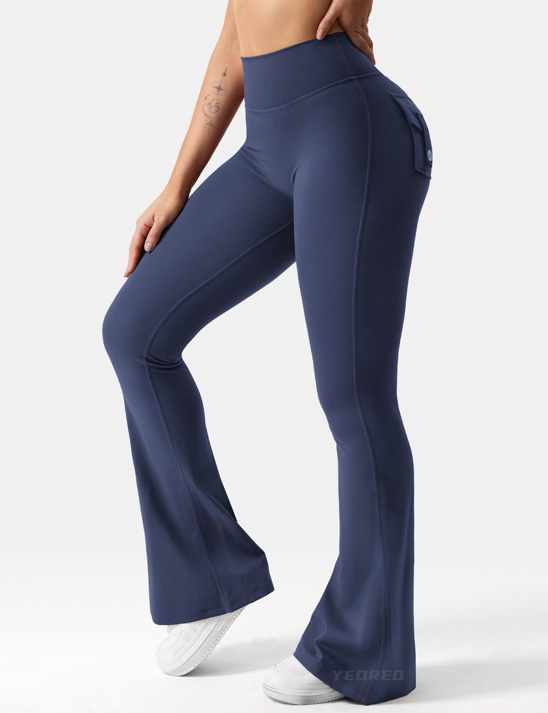 YEOREO CoreFlex Flare Leggings with Pockets for Women Scrunch Workout Leggings Butt Lifting Gym Yoga Pants Navy Blue