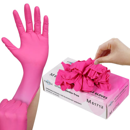 FINITEX Pink Nitrile Disposable Latex-Free Gloves - 3.5mil 100PCS/Box 9inch Long Powder-Free Guantes de Nitrilo Cleaning Medical Exam Food Cooking Glove (100, Medium)