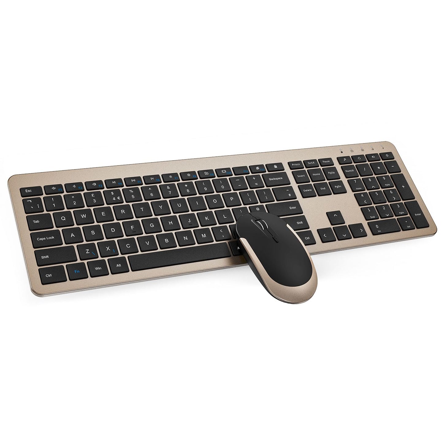 seenda Wireless Keyboard and Mouse Set, SK38 Ultra Slim Quiet USB Wireless Keyboard and Mouse Full Size QWERTY UK Layout with Numeric Keypad for Windows PC, Laptop, Computer, Black and Gold
