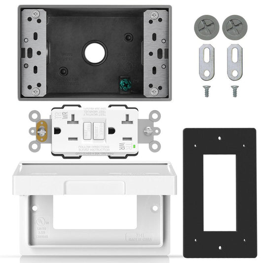 ELEGRP Outdoor GFCI Outlet Kit, with Weatherproof Cover and Box, 1 Gang, 20 Amp TRWR Self-Test GFI Receptacle, Horizontal Outdoor Cover, Extra Duty Metallic Electrical Outlet Box, UL Listed, 1 Pack