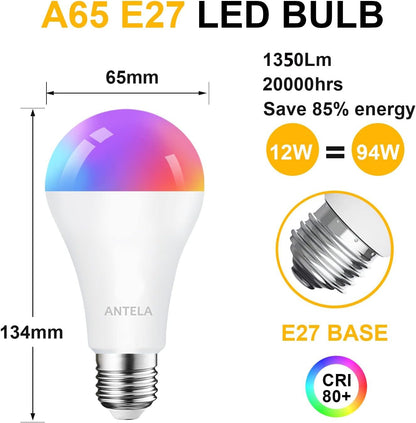 ANTELA Smart Bulb E27 A65 12W 1350LM Alexa WiFi Light Bulbs, 2700K-6500K RGB Dimmable Light, Compatible with Alexa/Google Home, 2 Packs
