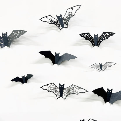 24Pcs Large Halloween Bats Decorations - 3D Self-Adhesive PVC Scary Wall Decor, Hollow Out Waterproof Black Stickers for Indoor Party Supplies, Door and Room Decals
