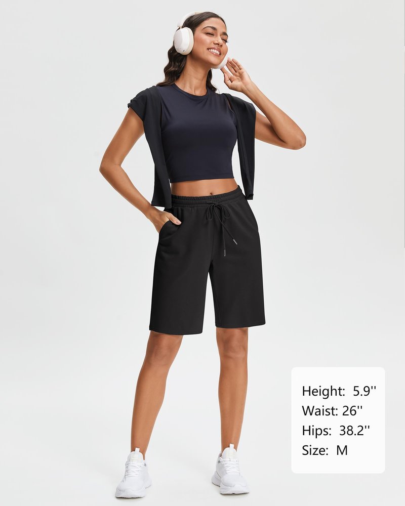 Stelle Women's Cotton Bermuda Shorts 10" Long Knee Length Comfy Sweat Shorts with Deep Pockets Lounge Casual Summer (Black, XL)
