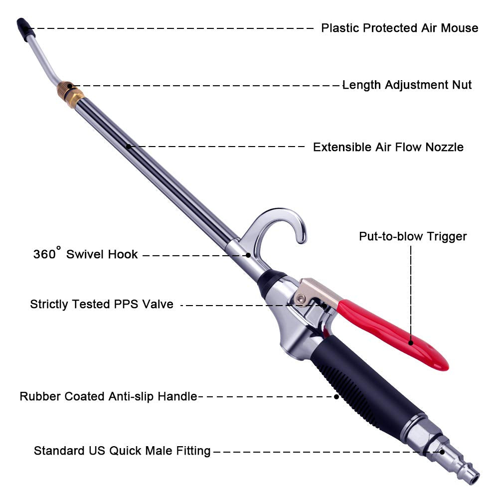High Volume Powerful Air Blow Gun with Extensible Air Flow Nozzle, Pneumatic Air Compressor Accessories Blower Tool, Maximum Extended to 26 Inch Blower Gun with Anti-slip Rubber Coated Metal Handle