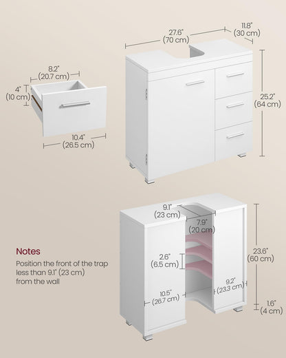 VASAGLE Under Sink Bathroom Cabinet, Storage Cabinet, with 3 Drawers, 2 Compartments Behind the Door, for Washbasins with Pedestal, with Feet, 30 x 70 x 64 cm, Cloud White BBK504W01