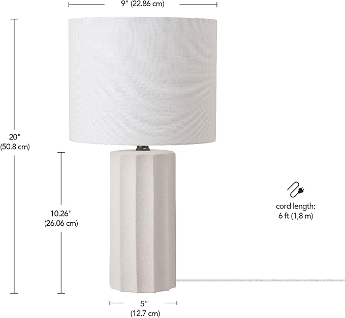 GLOBE Electric 65922 20" Table Lamp, Ribbed Concrete Finish, White Linen Shade