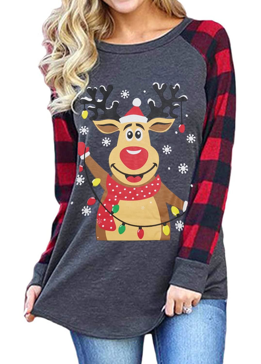 Women Merry Christmas T-Shirt Long Sleeve Plaid Raglan Splicing Reindeer Graphic Baseball Tee Top Christmas Santa Shirts Gray Red Reindeer 4325-L