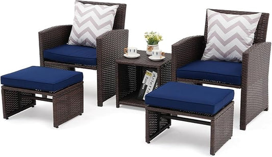OC Orange-Casual 5 Pcs Patio Conversation Set Balcony Furniture Set with Cushions, Brown Wicker Chair with Ottoman, Storage Table for Backyard, Garden, Porch, Blue