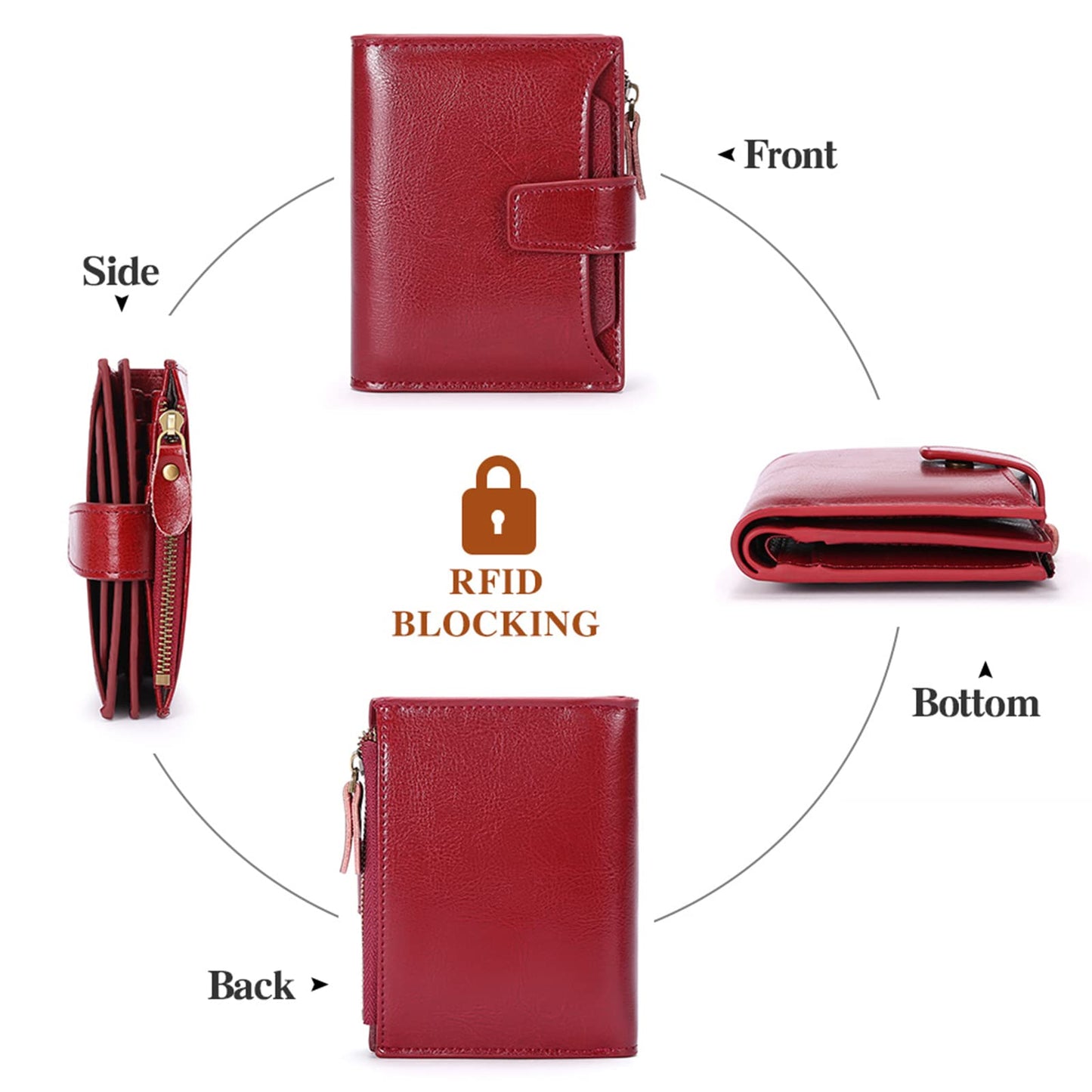 SENDEFN Women's RFID Blocking Leather Small Compact Bi-fold Zipper Pocket Wallet Card Case Purse with ID Window