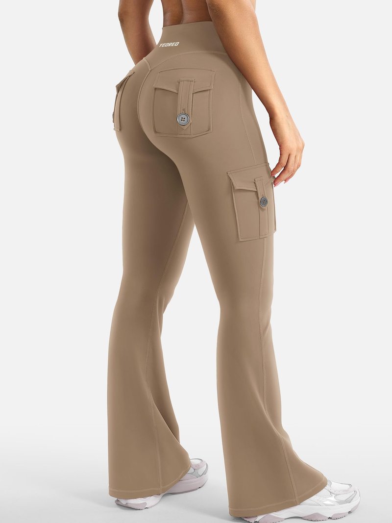 YEOREO CoreFlex Women Workout Flare Leggings with Pockets Hidden Scrunch High Waisted Cargo Gym Yoga Leggings Light Brown M