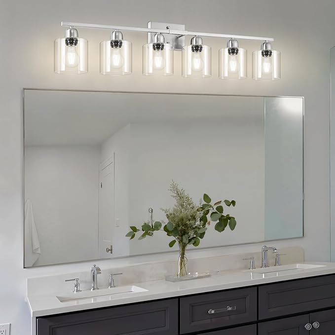 Modern Brushed Nickel 6 Light 38 inch Vanity Lights for Bathroom with Clear Glass, Vanity Light for Mirror Kitchen Living Room Hallway Cabinet Porch