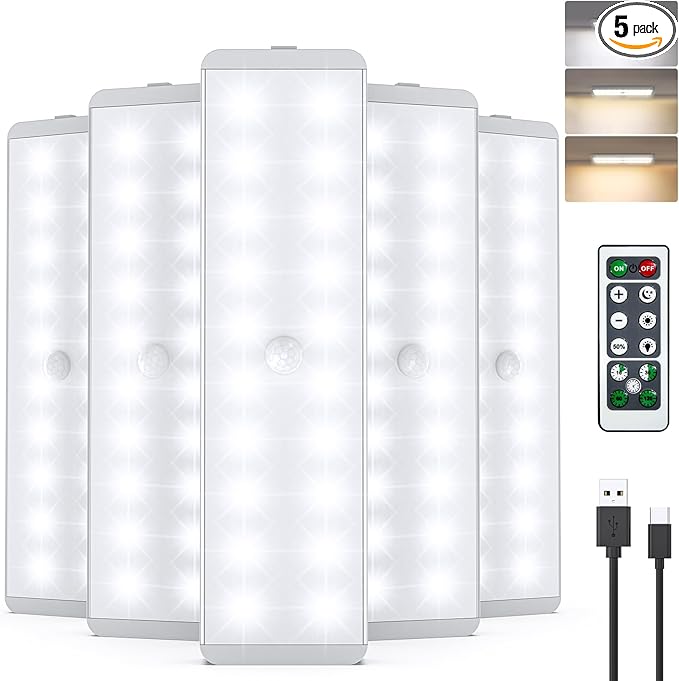 LED Closet Light, 5 Pcs 3 Color Temperatures Dimmer USB Rechargeable Motion Sensor Light Under Cabinet Lighting, Stick-Anywhere Night Safe Light Bar for Wardrobe,Kitchen