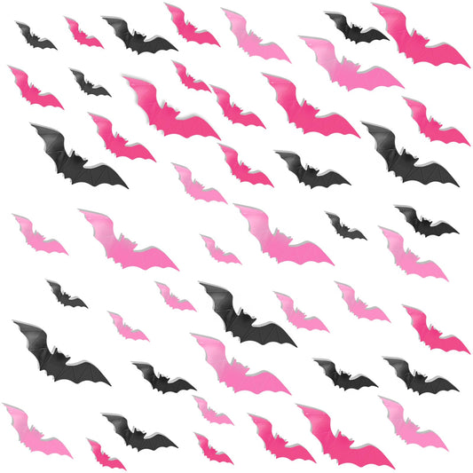3D Halloween Wall Bats Decor - 48 Pink PVC Bats Stickers & Decals for Home, Indoor Spooky Theme