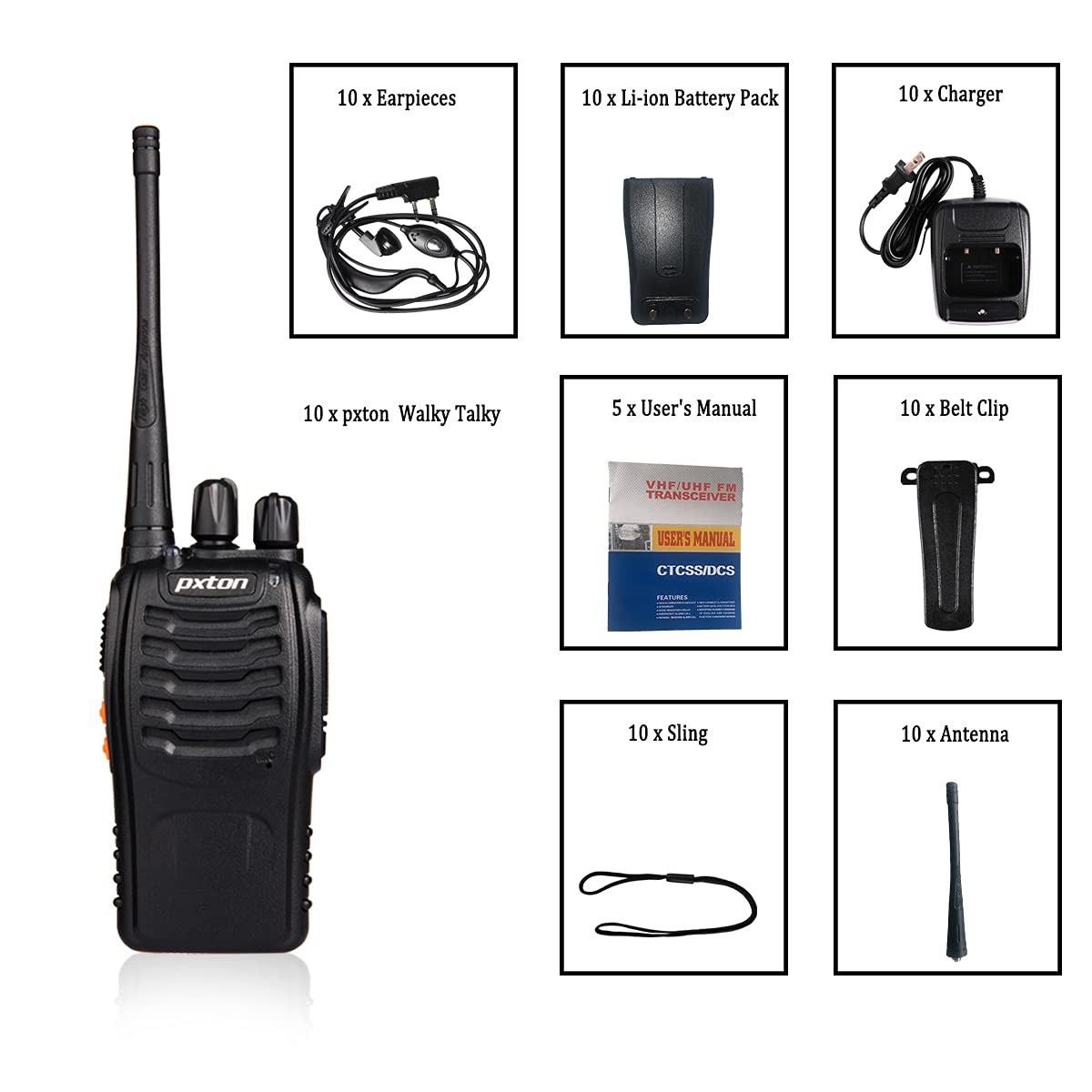 pxton Two Way Radios Long Range Walkie Talkies for Adults with Headphones,16 Channel Handheld 2 Way Radio Rechargeable with Flashlight Li-ion Battery and Charger（6 Pack）