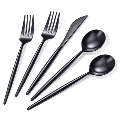 Rubtlamp 90Pcs Plastic Black Silverware, Black Disposable Cutlery, Plastic Utensils Heay Duty include 30 Plastic Knives 60 Plastic Black Forks and Spoons, Black Cutlery For Halloween Decorations