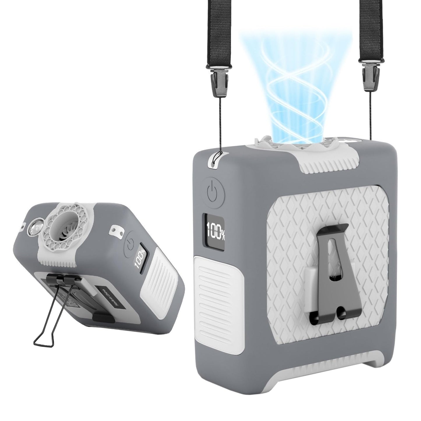 Portable Fan Wearable Personal Fan with 5 Speed Max 55 Working Hours Low Noise Portable Neck Fans Cooling Waist Fans for Camping Traveling LED Power Display 10000mAh Rechargeable (White and Gray)