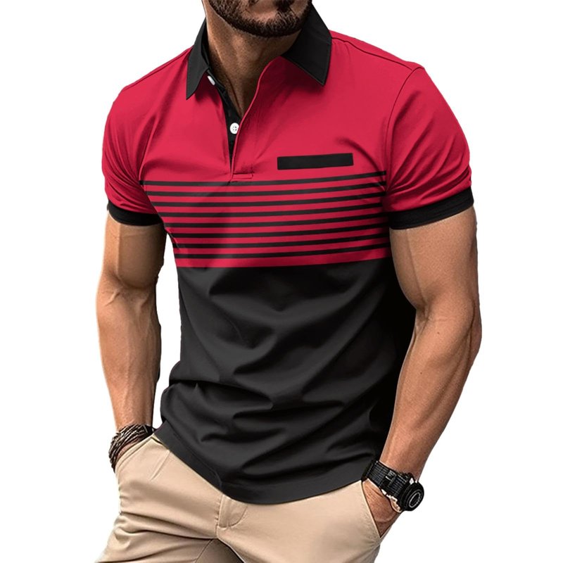 Mens Fashion Color Block Polo Shirts Casual Short Sleeve T Shirt Striped Moisture Wicking Golf Shirts Tops Red