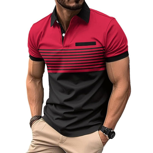 Mens Fashion Color Block Polo Shirts Casual Short Sleeve T Shirt Striped Moisture Wicking Golf Shirts Tops Red